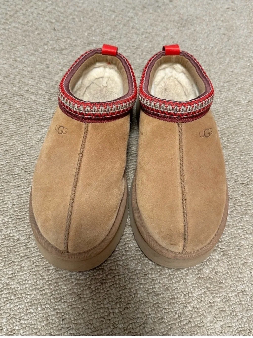UGG Women's Brown Suede Platform Mule with Red Trim Detail